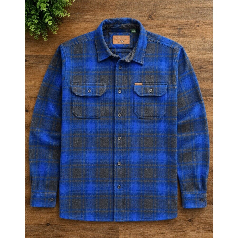 ORVIS Mens Large Heavyweight Flannel Shacket Blue Plaid Shirt Jacket Cabin Core